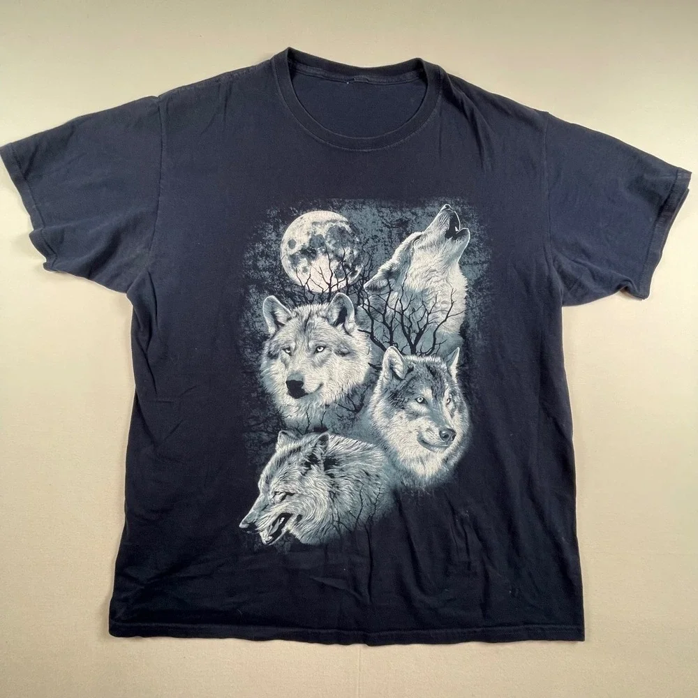 Mens Wolf T-Shirt Graphic Moon Animal Print Tee Navy Blue Nature Wolves‎ Large